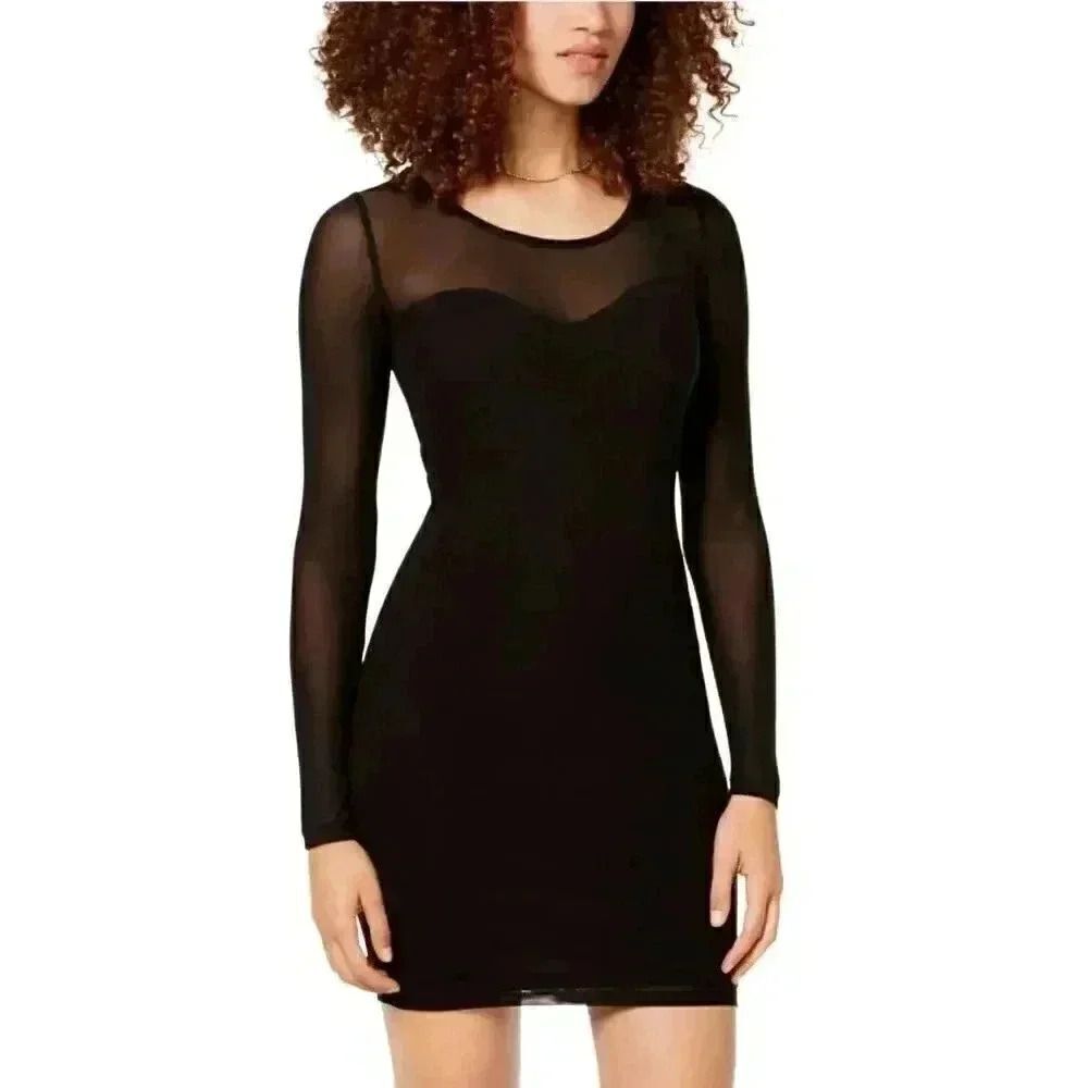 Aqua Women's Black Rayon/Poly/Spandex Knit & Sheer Mesh Dress